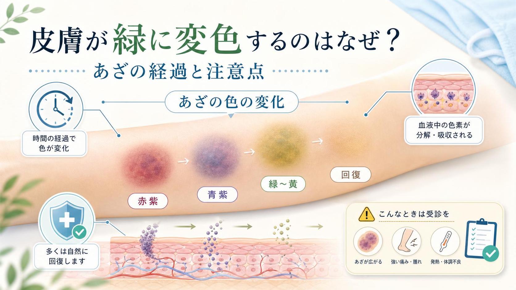 皮膚が緑に変色するのはなぜ?あざの経過と注意点